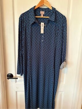 Chicos Vintage Navy Blue Geometric Long Sleeve Shirt midi Dress